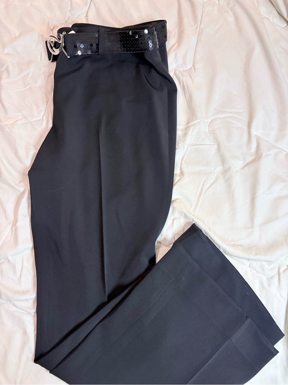 ANTONIO MELANI Black High-Waist Wide-Leg Trousers with Sequin Belt